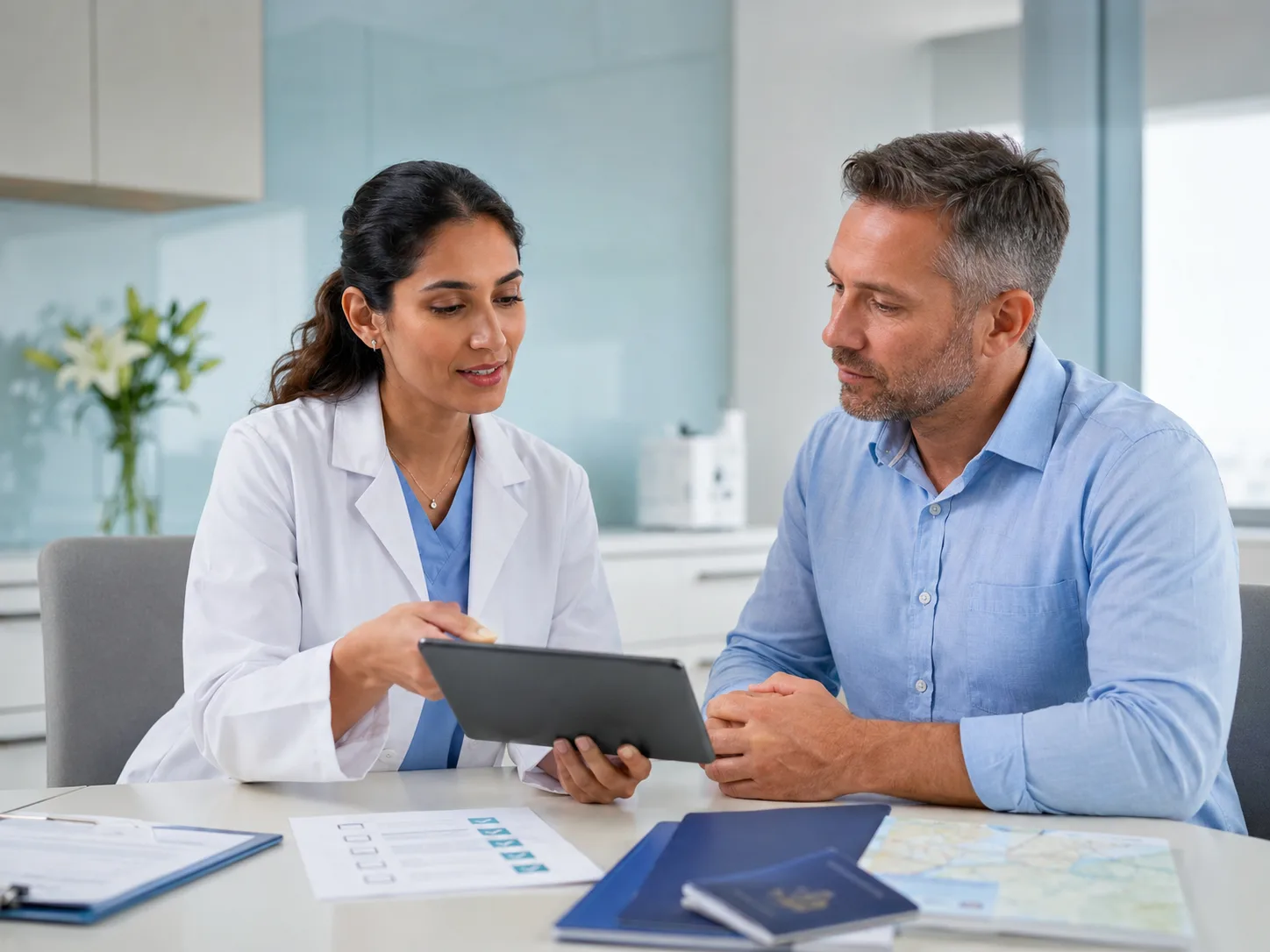 Coordinator reviewing medical travel safety questions