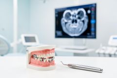 Dental model featuring teeth with metal braces and a dental tool on a white surface. The background shows a modern dental clinic with a computer monitor displaying a medical skull CT scan. The bright, clinical environment emphasizes professional orthodontic care and advanced dental technology.
