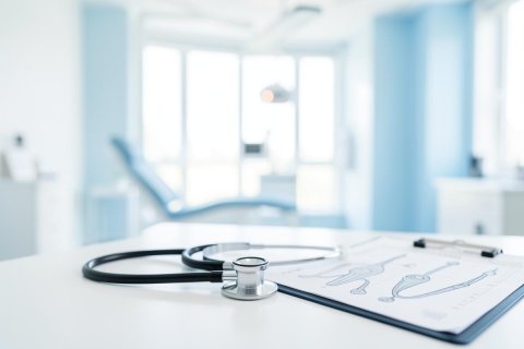 Professional medical equipment featuring a silver stethoscope and a clipboard with medical diagrams resting on a white table. The background is a bright, out-of-focus doctor's examination room with calming blue and white colors, perfect for healthcare and clinical themes.