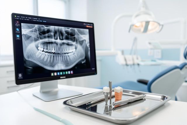 A panoramic dental X-ray displayed on a computer monitor in a modern dental clinic setting. In the foreground, professional dental tools sit on a stainless steel tray. The background features a blue dental chair and medical equipment, highlighting a clean, professional oral healthcare environment for diagnostics.