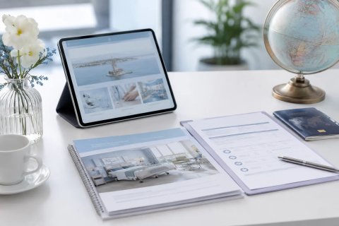 A bright, professional medical office setting featuring a white desk with a stethoscope, a blue clipboard, and a digital tablet displaying medical data charts and analytics. The clean clinic environment is filled with soft natural light, highlighting modern healthcare technology and digital health management.