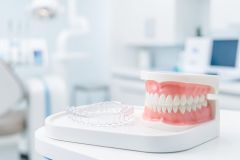 Professional dental setting featuring a realistic model of teeth and pink gums alongside clear orthodontic aligners on a white tray. The bright, blurred background shows a modern dentist office with light blue and white tones, perfect for illustrating dental health and teeth straightening treatments.