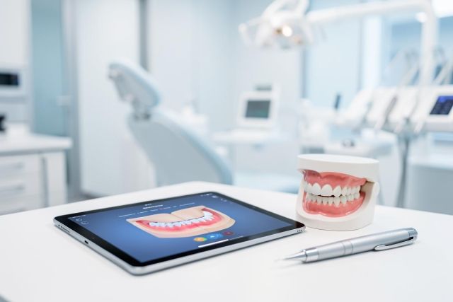 A modern dental clinic setting featuring a digital tablet displaying a 3D teeth scan, a realistic dental model, and a silver pen on a white surface. The bright, clean background shows a blurred dental chair and professional medical equipment. This image represents advanced digital dentistry, oral healthcare technology, and professional dental consultation.