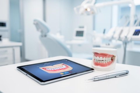 A modern dental clinic setting featuring a digital tablet displaying a 3D teeth scan, a realistic dental model, and a silver pen on a white surface. The bright, clean background shows a blurred dental chair and professional medical equipment. This image represents advanced digital dentistry, oral healthcare technology, and professional dental consultation.