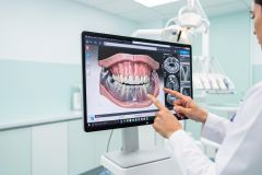 A dentist in a white coat examines a 3D dental model and X-ray scans on a large computer monitor in a modern, bright dental clinic. The image showcases digital dentistry technology, oral healthcare, and professional medical examination in a clean, teal and white clinical environment.