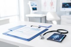 Professional medical office scene with a blue clipboard holding patient records, a stethoscope, and a digital tablet displaying a medical scan. Set in a bright, clean clinic with blurred medical monitors and equipment in the background, highlighting modern healthcare, digital health, and medical documentation.