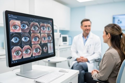 A professional ophthalmologist in a white coat discusses eye exam results with a female patient in a bright, modern medical clinic. A large computer monitor in the foreground displays multiple high-detail close-up images of human eyes. The clean, clinical environment uses soft blue and white tones, highlighting specialized eye care and diagnostic technology.
