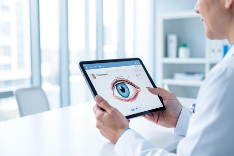 A doctor in a white lab coat holds a digital tablet displaying a detailed anatomical illustration of a human eye. Set in a bright, modern medical clinic with large windows and clean white surfaces, the image illustrates ophthalmology, digital health technology, and professional eye care services.