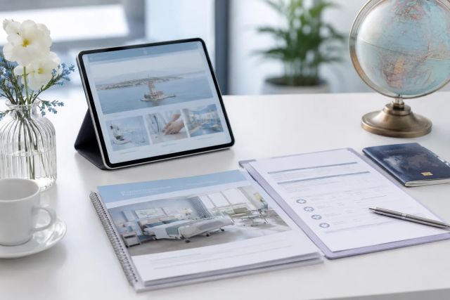A bright, professional medical office setting featuring a white desk with a stethoscope, a blue clipboard, and a digital tablet displaying medical data charts and analytics. The clean clinic environment is filled with soft natural light, highlighting modern healthcare technology and digital health management.