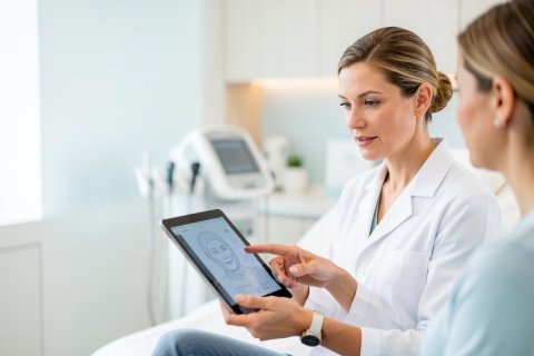 A professional dermatologist in a white lab coat shows a patient a facial skin analysis on a digital tablet during a consultation. Set in a bright, modern medical clinic, the image highlights skincare technology, dermatological assessment, and professional patient care in a clean environment.
