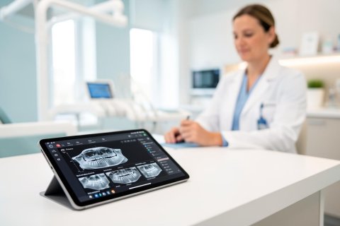 A close-up of a tablet showing dental X-rays on a white countertop in a modern dental clinic. A female dentist in a white lab coat works in the blurred background. This bright, professional setting emphasizes digital dentistry, dental technology, and oral healthcare in a clean medical environment.