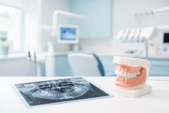 A dental X-ray and a realistic model of human teeth are placed on a clean white surface in a bright, modern dental clinic. The background features a blurred dental chair and medical equipment in soft blue and white tones, emphasizing a professional healthcare environment focused on oral health and dental radiology.