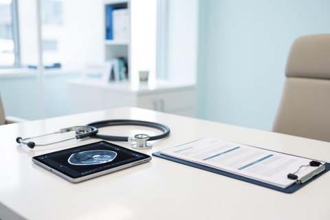 A modern medical office setting featuring a stethoscope, a digital tablet displaying a brain MRI scan, and a clipboard with medical documents on a clean white desk. The bright, professional healthcare environment uses soft blue and white tones, emphasizing medical technology and clinical diagnosis.