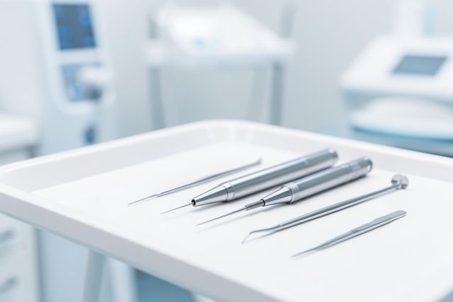 A close-up of professional silver dental instruments and tools arranged on a clean white tray in a bright, sterile dental clinic. The image features dental handpieces and probes against a blurred medical background with soft blue and white tones, highlighting oral healthcare and dentistry.