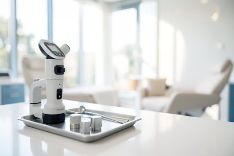 A white handheld medical diagnostic device rests on a silver tray with metal dental tools in a bright, modern dental clinic. The clean, professional healthcare environment features large windows, soft natural light, and blurred medical examination chairs in the background.
