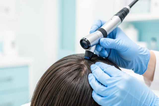 A medical professional wearing blue gloves uses a specialized trichoscope tool to examine a patient's dark hair and scalp. This clinical setting features a bright, clean environment with light blue and white colors, highlighting a dermatological hair health examination or scalp analysis procedure.