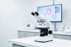 A professional white binocular microscope sits on a clean laboratory workbench in a modern scientific research facility. The bright, sterile environment features a computer monitor in the background displaying colorful biological cell images. This high-tech medical laboratory setting is characterized by a clean white and light blue color palette, ideal for biotechnology and science contexts.