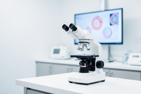 A professional white binocular microscope sits on a clean laboratory workbench in a modern scientific research facility. The bright, sterile environment features a computer monitor in the background displaying colorful biological cell images. This high-tech medical laboratory setting is characterized by a clean white and light blue color palette, ideal for biotechnology and science contexts.