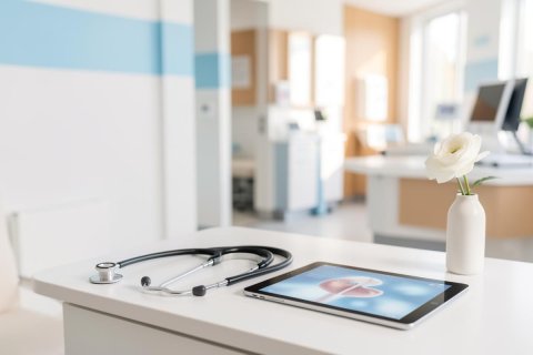 A stethoscope and a tablet showing a medical graphic lie on a clean white desk in a bright, modern medical office. A single white flower in a small vase sits nearby. The blurred background features a professional clinic setting with soft blue and white colors, emphasizing a clean, high-tech healthcare environment.