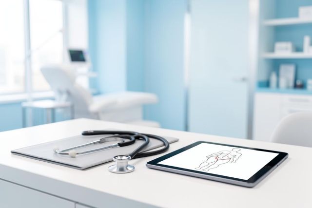 Professional medical tools including a stethoscope, clipboard, and tablet with an anatomical body diagram on a white desk. The scene is set in a bright, modern doctor's office with light blue and white tones, emphasizing healthcare technology and clinical diagnostics.