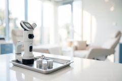A white handheld medical diagnostic device rests on a silver tray with metal dental tools in a bright, modern dental clinic. The clean, professional healthcare environment features large windows, soft natural light, and blurred medical examination chairs in the background.