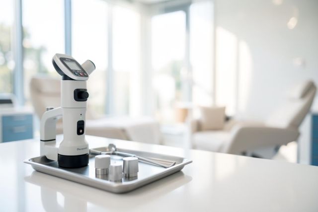 A white handheld medical diagnostic device rests on a silver tray with metal dental tools in a bright, modern dental clinic. The clean, professional healthcare environment features large windows, soft natural light, and blurred medical examination chairs in the background.