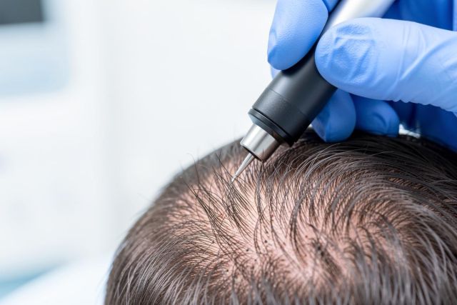 A close-up view of a medical professional in blue gloves using a specialized dermatological device to examine or treat a scalp with thinning hair. The image captures a clinical hair loss treatment procedure, highlighting scalp health and alopecia management in a professional medical setting.