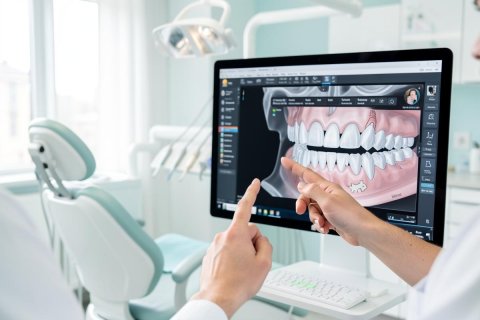 A professional dentist uses a computer monitor to examine a detailed 3D dental scan of teeth and jawbone. Set in a bright, modern dental clinic with a teal and white color palette, the image highlights advanced digital dentistry technology, oral healthcare, and professional dental imaging in a clinical environment.