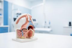 Detailed anatomical cross-section model of the human respiratory and nasal system on a white surface in a bright medical clinic. The colorful model features pink and blue anatomical details. The blurred background shows a modern dental or healthcare office with blue cabinetry and medical equipment, perfect for medical education or professional consultation.