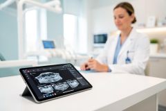 A close-up of a tablet showing dental X-rays on a white countertop in a modern dental clinic. A female dentist in a white lab coat works in the blurred background. This bright, professional setting emphasizes digital dentistry, dental technology, and oral healthcare in a clean medical environment.