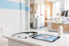 A stethoscope and a tablet showing a medical graphic lie on a clean white desk in a bright, modern medical office. A single white flower in a small vase sits nearby. The blurred background features a professional clinic setting with soft blue and white colors, emphasizing a clean, high-tech healthcare environment.
