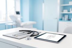 Professional medical tools including a stethoscope, clipboard, and tablet with an anatomical body diagram on a white desk. The scene is set in a bright, modern doctor's office with light blue and white tones, emphasizing healthcare technology and clinical diagnostics.