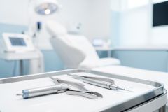 Close-up of professional silver dental instruments, including a drill and probe, on a clean white tray. The background shows a blurred, modern dental clinic with a white chair, medical equipment, and soft blue and white tones, creating a sterile and professional medical environment for oral healthcare.