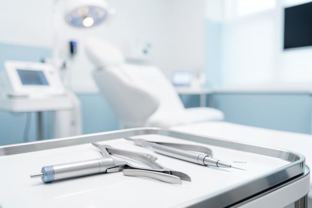 Close-up of professional silver dental instruments, including a drill and probe, on a clean white tray. The background shows a blurred, modern dental clinic with a white chair, medical equipment, and soft blue and white tones, creating a sterile and professional medical environment for oral healthcare.