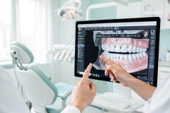 A professional dentist uses a computer monitor to examine a detailed 3D dental scan of teeth and jawbone. Set in a bright, modern dental clinic with a teal and white color palette, the image highlights advanced digital dentistry technology, oral healthcare, and professional dental imaging in a clinical environment.